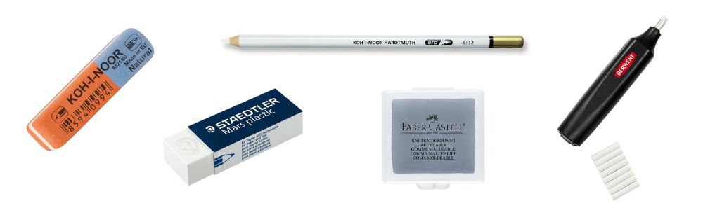 Erilaisia pyyhekumeja, kova pyyhekumi, pehmeä pyyhekumi, muotoiltava pyyhekumi, pyyhekumikynä ja sähkökäyttöinen pyyhekumi