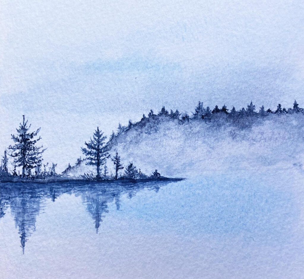 sinisävyinen vesivärimaisema